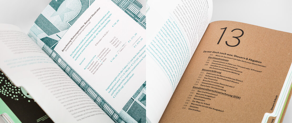 Aus dem Buch zur Selbständigkeit von Designern: Berechnung von Nutzungsrechten für Illstratoren sowie Steuern und Abgaben