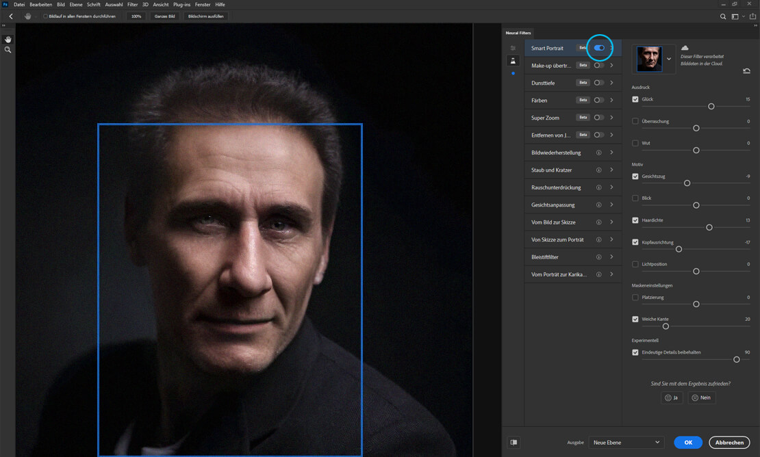 Screenshot von Photoshops neuen Neural-Filter »Smart Portrait«