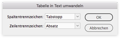InDesign: Tabelle in Text umwandeln (Dialogfenster=