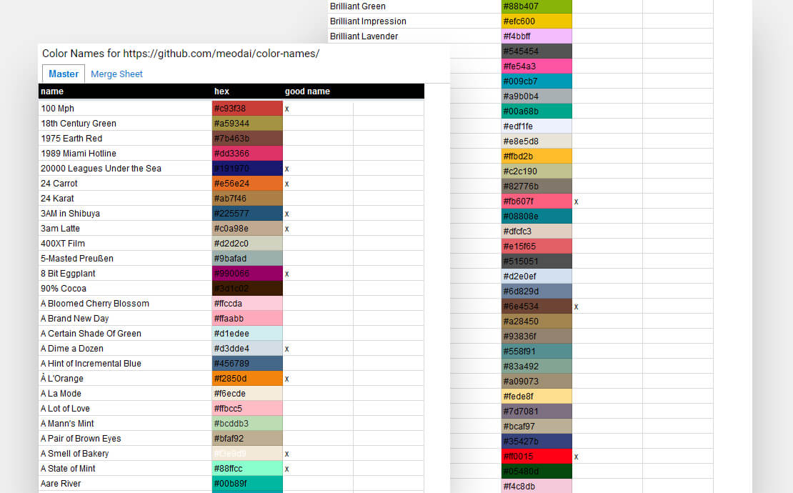 Google Spreadsheet-Datei mit Farben-Namen