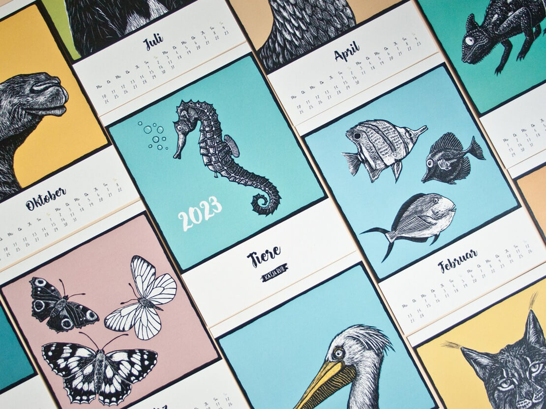 Jahreskalender 2023 mit Tierillustrationen (Design-Kalender)