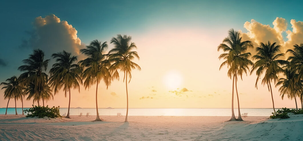 Bild eines Sonnenaufgangs am Strand mit Palmen (durch KI-Tool generiert)