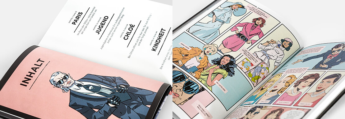 Seiten aus der illustrierten Lagerfeld-Biografie